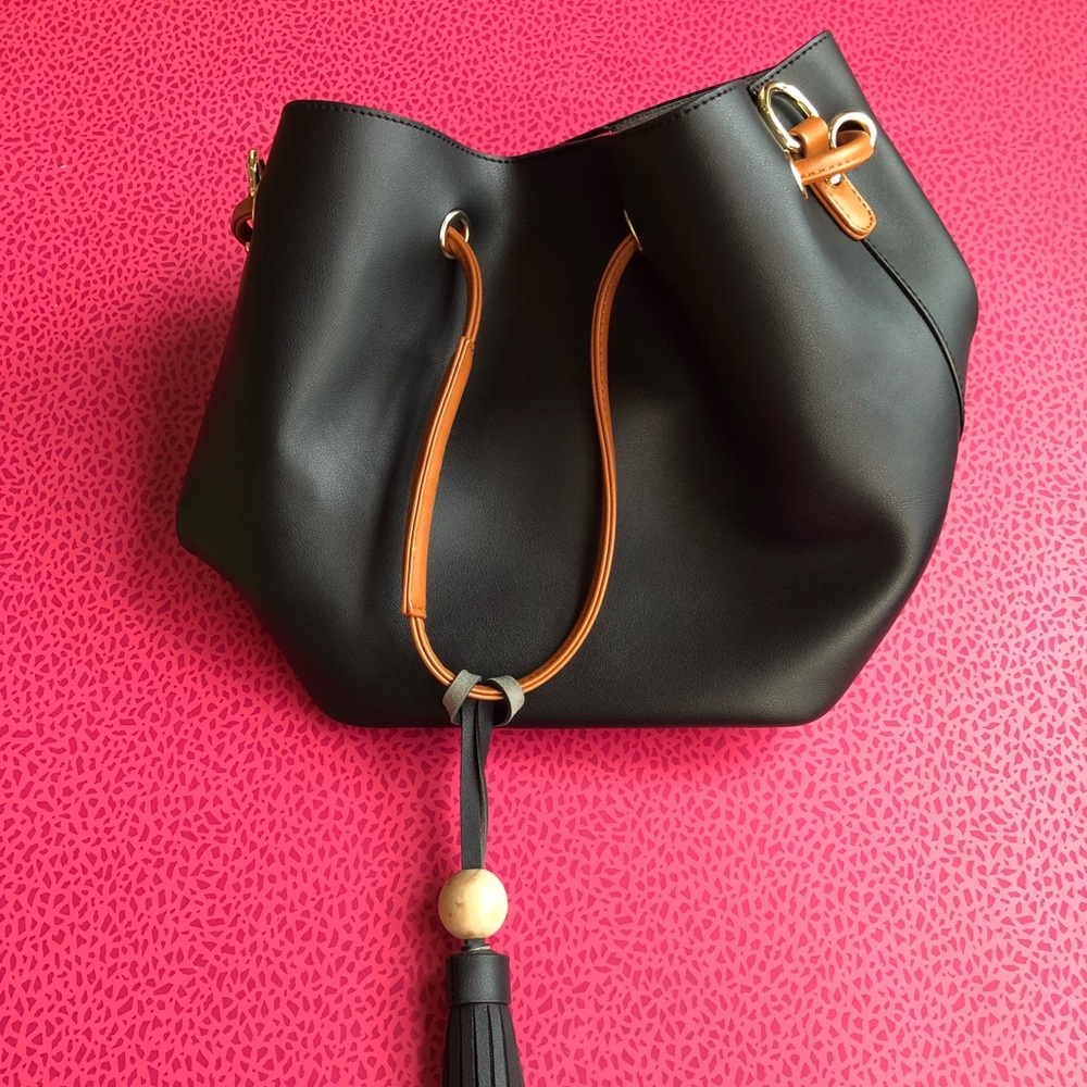 Black Bucket Bag with Tassel Detail